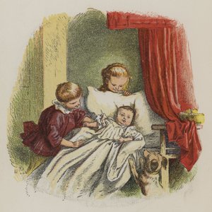 Ung pojke och flicka tittar på en baby (färg litho) av Oskar Pletsch