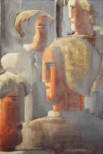 Grupp med fyra huvuden gråblå, Folkwang-studie III; Fyra grupp av huvuden gråblå, Folkwang Studie III av Oskar Schlemmer