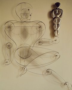 Homo, trådfigur med figur bakifrån i handen av Oskar Schlemmer