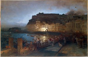 Fyrverkerier i Neapel (Italien) - Målning av Oswald Achenbach (1827-1905), olja på duk