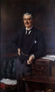 Porträtt av Neville Chamberlain (1869-1940) (olja på duk)
