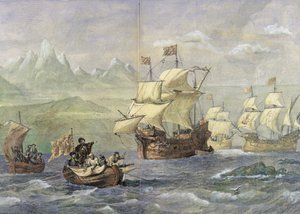 Upptäckten av Magellansundet (färgad gravyr)