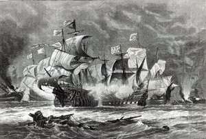 The Vanguard, under Sir William Winter, engagerar den spanska armadan, från 