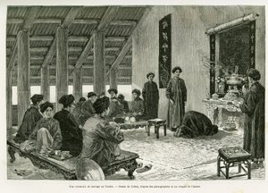 En bröllopsceremoni på Tonkin. Gravyr av Tofani, för att illustrera berättelsen Trente mois au Tonkin, 1884, av Dr Paul Hocquard, i le tour du monde 1890, under ledning av Edouard Charton (1807-1890), Hachette, Paris. av Oswaldo Tofani
