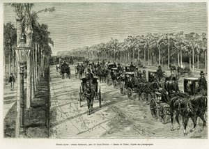 Buenos Aires, Sarmiento Avenue, Three February Park. Gravyr av Tofani, för att illustrera berättelsen Voyage a la Plata, 1886, av Emile Daireaux, i le tour du monde 1888, regisserad av Edouard Charton (1807-1890), Hachette, Paris. av Oswaldo Tofani
