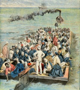 Ombordstigning på fartygssjukhuset för de sårade från expeditionen till Madagaskar 1896 (Gravyr)