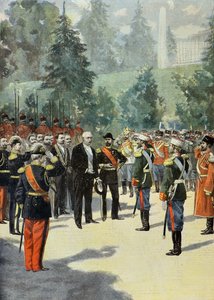 Felix Faure välkomnas av Nikolaj 2 på Peterhof 1897 (Gravyr)