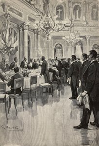 Italienska diplomater skålar tillsammans, Paris, Frankrike, gravyr från teckning av Gennaro Amato, från skiss av Osvaldo Tofani, från L