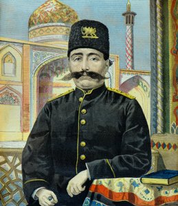Porträtt av shahen av Persien Shah Mozaffer Ed Dine (Gravyr)
