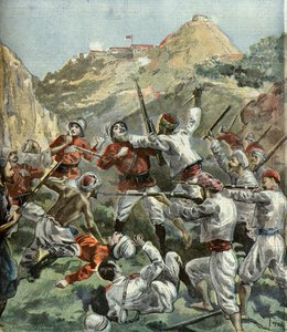 Britterna attackeras vid fortet Mala - Khan under en revolt i Indien 1897 (Gravyr)