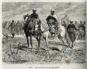 Spahis av expeditionen eskort. Gravyr av Tofani, för att illustrera berättelsen om Exploration in Haut Niger, av Commander Gallieni, av Marine Infantry, 1880-1881, publicerad i Tour du monde, under ledning av Edouard Charton (1807-1890) av Oswaldo Tofani