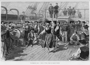 Emigranterna ombord. Gravyr av Tofani för att illustrera berättelsen Voyage a la Plata, tre månaders semester av Emile Blaireaux 1886, i tour du monde 1887, under ledning av Edouard Charton (1807-1890), Hachette, Paris. av Oswaldo Tofani
