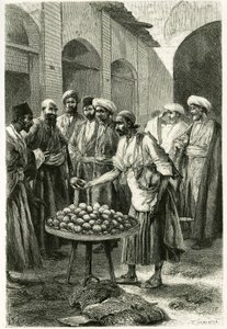 Fiskehandlaren i Kachan (eller Kashan, i Teheran-provinsen, nuvarande Iran). Gravyr av Tofani, från ett fotografi, för att illustrera berättelsen "" Persia, Chaldee och Susiane"" 1881-1882, av Jane Dieulafoy (f. Magre) av Oswaldo Tofani
