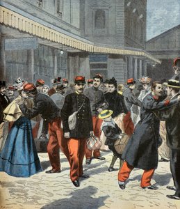 Klassens återkomst. Efter sin militärtjänst återförenas soldaterna med sina familjer 1897 (Gravyr)