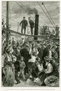 Fartygets däck. Gravyr av Tofani för att illustrera berättelsen Voyage en Thessalie 1882, av Paul Monceaux, i le tour du monde 1887, regisserad av Edouard Charton (1807-1890), Hachette, Paris. av Oswaldo Tofani