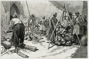 Vägningen av bagaget innan Delafoy Bridal Expedition avgår. Gravyr av Tofani, för att illustrera berättelsen "" Persien, Kaldeen och Susiane"" av Oswaldo Tofani