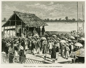 Teater i vinden. Gravyr av Tofani, efter ett fotografi, för att illustrera historien Trente mois au Tonkin, 1884, av Dr Paul Hocquard, i le tour du monde 1890, under ledning av Edouard Charton (1807-1890), Hachette, Paris. av Oswaldo Tofani