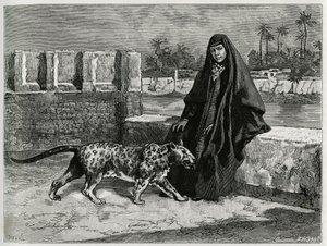 Torkan Khanoum, Sheikh Moses favorit, mäktig stamledare i Arabistan med sin panter. Gravyr av Tofani, för att illustrera berättelsen "Persia, Chaldee and Susiane" av Oswaldo Tofani