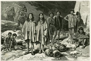 Typer av indianer från Cordilleres i Ecuador, till vänster, i bakgrunden, Yumbos av Nanegal, i förgrunden Lojanos, i mitten ett par Zaparos, till höger, Jivaros-krigare. Gravyr av Tofani, baserad på dokument, för att illustrera historien av Oswaldo Tofani