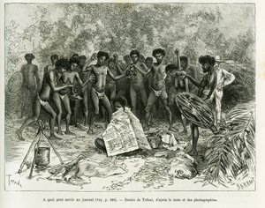 Vad kan en tidning användas till? Gravyr av Tofani, för att illustrera berättelsen Chez les cannibales, Journey to North-East Australia av Oswaldo Tofani