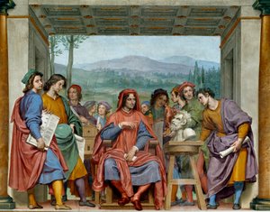 Laurent de Medici (1449-1492) (Laurent den magnifika: Lorenzo il Magnifico) sitter mitt bland florentinska konstnärer. Han beundrar en faunachef hos Michelangelo (Michelangelo, Michel Ange). Fresk av Ottavio Vannini (1585-1643). 1635 ungefär Sala
