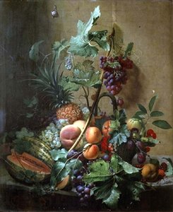 Stilleben av en melon, plommon, persikor