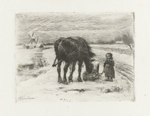 Snölandskap med barn och häst