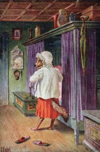 Vykort som föreställer vargen utklädd till Rödluvans mormor (färg litho)