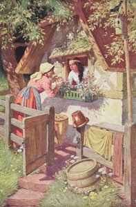 Den onda drottningen, förklädd till en gammal kvinna, erbjuder det förgiftade äpplet till Snövit, illustration från Grimms saga 