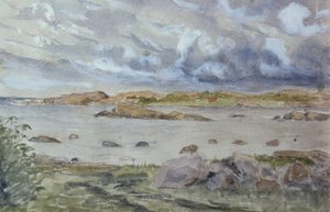 Havs- och landskapsskiss (akvarell och penna på papper)