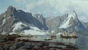 Snöigt landskap från Reine, Lofoten
