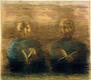 Förberedelse (tillställning i matsalen). Delvis studie (två pojkar med psalmböcker) av Otto Meyer Amden