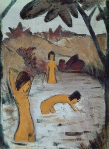 Tre badgäster i dammen. Omkring 1912