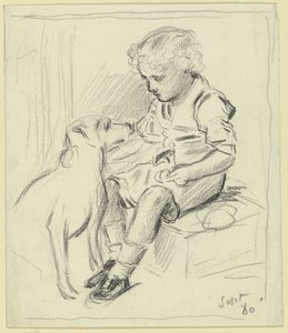 Sittande pojke med sittande hund av Otto Scholderer