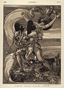En ung kvinna - en gammal man - en hård nöt - en ihålig tand (litho) av Otto Seitz