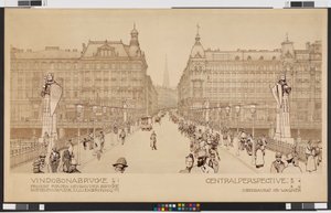 Vindobonabron / Projekt för nybyggnad av bron Rothenthurmstraße - Lilienbrunngasse. Centralperspektiv av Otto Wagner