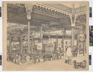 Världsutställningen i Paris, grupp VI: ingenjörsväsen och järnvägar på Champ-de-Mars, perspektiv av Otto Wagner