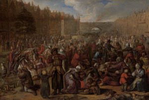 Utdelning av sill och vitt bröd vid reliefen i Leiden, 3 oktober 1574, ca 1600 (olja på panel)