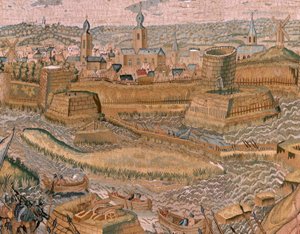 flamländsk gobeläng. Serie Triumfer och strider av ärkehertig Albert. Anfall och intagande av det befästa slagfältet i Hulst (Asalto y toma del campo atrincherado de Hulst). Sjätte gobelängen i serien. Modell Otto van Veen och Hans I Snellinck. Tillverkare av Otto van Veen