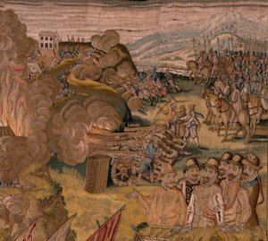 flamländsk gobeläng. Serie Triumfer och strider av ärkehertig Albert. Nattattack på Ardres eller fångst av den låga staden Ardres (Asalto nocturno de Ardrés o Toma de la baja villa de Ardrés). Tredje tapeten i serien. Modell Otto van Veen och Hans I Snell av Otto van Veen