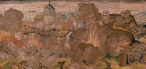 flamländsk gobeläng. Serie Triumfer och strider av ärkehertig Albert. Nattattack på Ardres eller fångst av den låga staden Ardres (Asalto nocturno de Ardrés o Toma de la baja villa de Ardrés). Tredje gobelängen i serien. Modell Otto van Veen och Hans I Sne av Otto van Veen