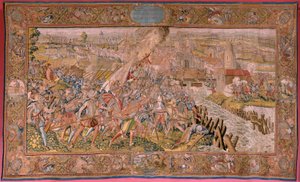 flamländsk gobeläng. Serie Triumfer och strider av ärkehertig Albert. Överraskning vid Calais (La sorpresa de Calais). Första gobelängen i serien. Modell Otto van Veen och Hans I Snellinck. Tillverkning Martin Reynbouts, Bruselas. 1597-1599. Tyg Guld, silv
