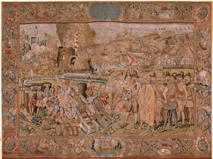 flamländsk gobeläng. Serie Triumfer och strider av ärkehertig Albert. Infångandet av staden Hulst (Toma de la Plaza de Hulst). Sjunde gobelängen i serien. Modell Otto van Veen och Hans I Snellinck. Tillverkning Martin Reynbouts, Bryssel av Otto van Veen