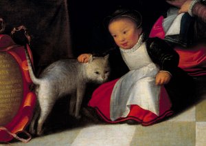 Konstnären och hans familj Detalj som representerar katten och barnet. Målning av Octavius Van Veen (1556-1629)