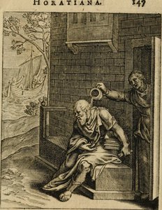 Xanthippe tömmer en kammarkruka över Sokrates. Från Emblemata Horatiana, 1607