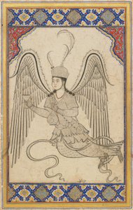 Ängel, flygande, med kopp och vinflaska (bläck, färgtvätt och guld på papper) av Ottoman School