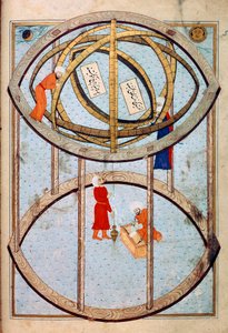 Astronomer manipulerar en enorm armillarsfär och verktyg för att mäta longitud och latitud Miniatyr från manuskriptet ms. FY 1404 "" Sehinsahname"" (eller Shahinshah-nama eller Shahinshah-nameh, Shahinshah nama eller Shahinshah nameh) "Berättelsen om kunge av Ottoman School