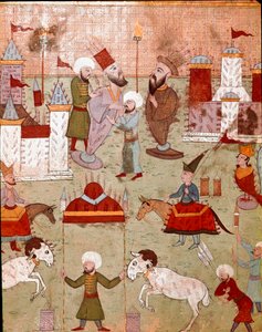 Festligheter anordnade med anledning av omskärelsen av sonen till den osmanske sultanen Murad II (Murat) (1404-1451), förberedelse av fyrverkerier Miniatyr av Istanbul från 1500-talet, Topkapi Sarayi Museum Library av Ottoman School