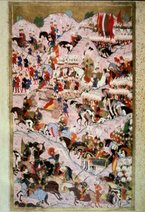 Osmanska riket: "" Sultan Soliman (Suleyman) Jag sa det magnifika i slaget vid Mohacs den 29/08/1526 mot kungariket Ungerns armé, under befälet av kung Ludvig II""" Miniatyr från "Hunername" av Lokman, vol. 1 (H 1523, f.256b) 1584 Topkapi S av Ottoman School