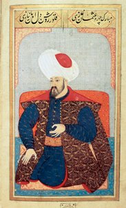 Osmanska riket: porträtt av den första sultanen Osman I (1258-1326) Miniatyr från manuskriptet "" Mänsklig fysionomi (Om personliga arrangemang av ottomanerna) av Seyyid Lokman Hussein. (Ms. ty6087 folio 21b)